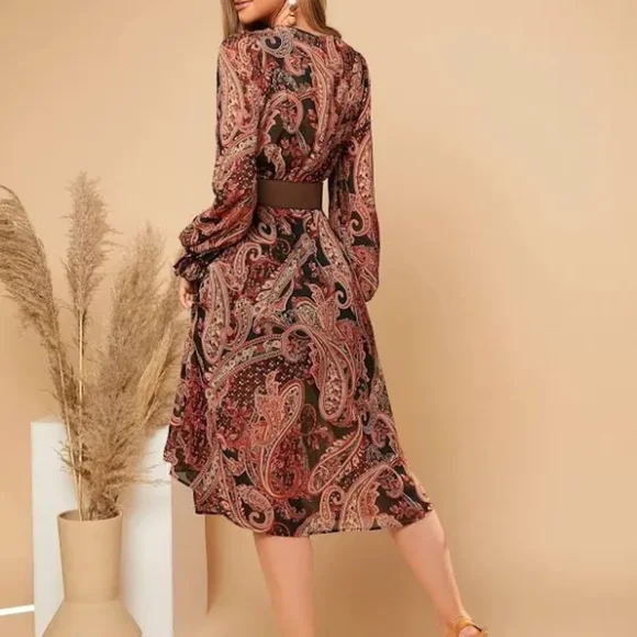 Shein Rust & Black Paisley Midi-Dress, Wide Belt, Bishop Sleeves Sz 12,XL, NWOT - Picture 9 of 13